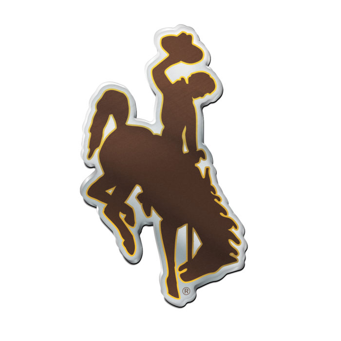 acrylic bucking horse auto emblem. Approximately 4 inches by 3 inches. Brown with gold and silver outline