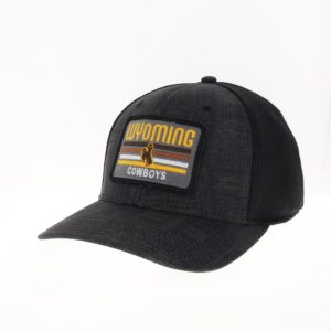 two-size stretch fit hat with structured crown, in black. mesh back, fabric patch sewn on front of hat with slogan Wyoming Cowboys on patch