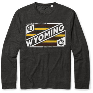 black heathered long sleeved tee. Rectangular brown and gold striped design with word Wyoming printed in white on front of tee