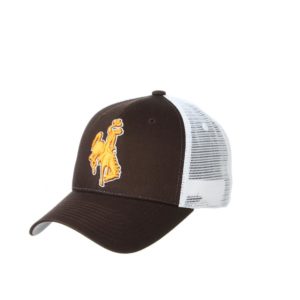 structured, adjustable hat. brown body and bill with white mesh back. gold embroidered bucking horse with white outline on front of hat