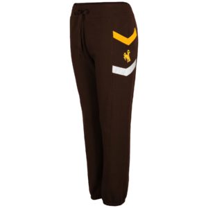 brown, women's jogger style sweatpants. chevron style stripe on both sides of pant legs. bucking horse on one side in between stripes
