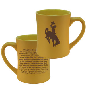 ceramic gold 16oz coffee mug with brown bucking horse printed on one side and cowboy Joe fight song lyrics printed on other side in brown