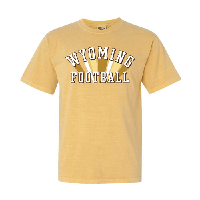 women's crew neck short sleeved tee in mustard gold. Slogan Wyoming Football printed on front center in white, with gold and white striping behind the lettering