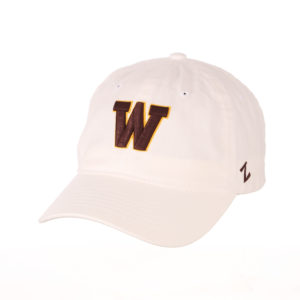 white, unstructured adjustable hat. Large block W embroidered in brown with gold outline. Z logo embroidered on left side of hat