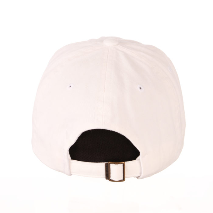 back view of white, unstructured adjustable hat. metal loop closure
