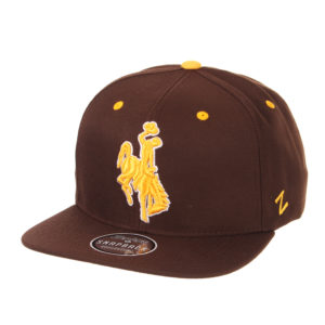 brown, adjustable flat bill hat. gold eyelets and gold bucking horse embroidered on front