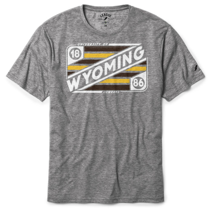 grey heathered short sleeved tee. Rectangular brown and gold striped design with word Wyoming printed in white on front of tee