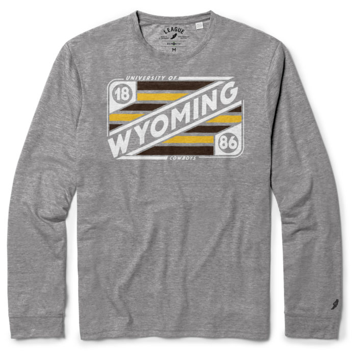 grey heathered long sleeved tee. Rectangular brown and gold striped design with word Wyoming printed in white on front of tee