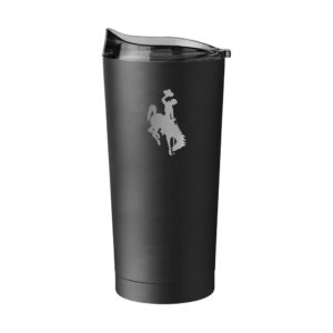 black, metal travel tumbler with sliding lid. silver bucking horse logo etched on front of tumbler