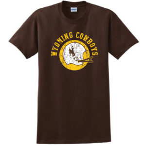 brown, short sleeved tee. retro white football helmet printed on front. Arched slogan Wyoming Cowboys printed in gold above helmet