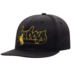 youth, black flat bill hat. adjustable style hat. Word Cowboys in black raised fabric with gold outline on front of hat in script font