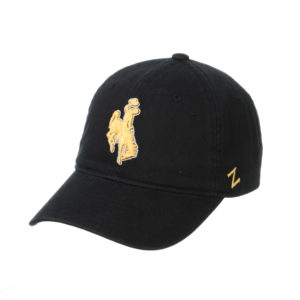black, adjustable unstructured hat. gold bucking horse with white outline embroidered on front of hat. Z logo embroidered in gold on left side of hat