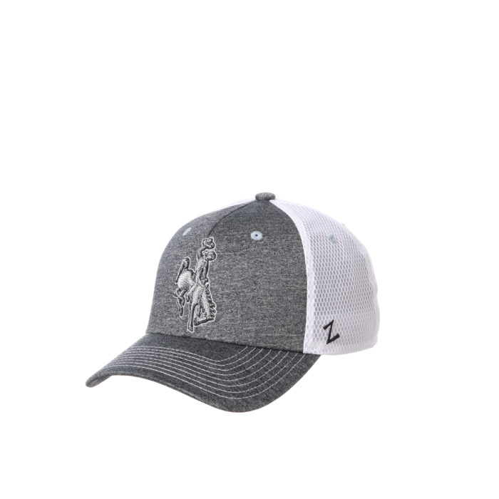 flex fit hat with charcoal grey body and white mesh back. silver grey raised bucking horse embroidered on front center of hat