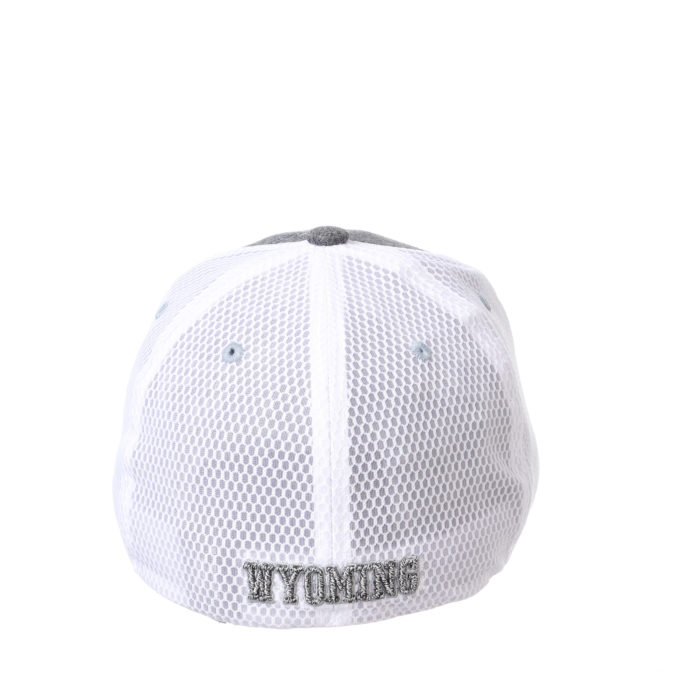 back view of flex fit hat with charcoal grey body and white mesh back. silver word Wyoming embroidered on bottom back of hat