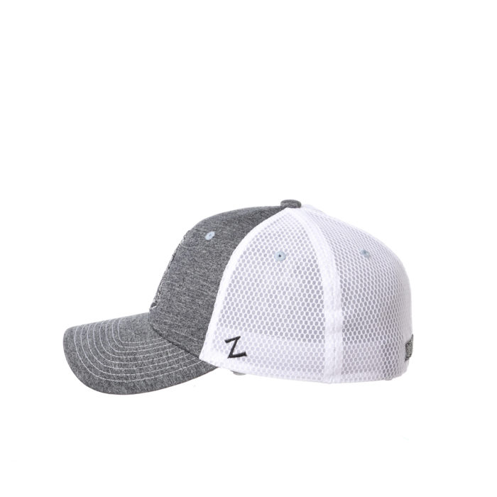 left side view of flex fit hat with charcoal grey body and white mesh back. silver grey Z logo embroidered on left side of hat