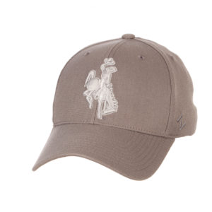 light grey, flex fit style hat. silver bucking horse embroidered on front of hat and light grey Z logo on left side