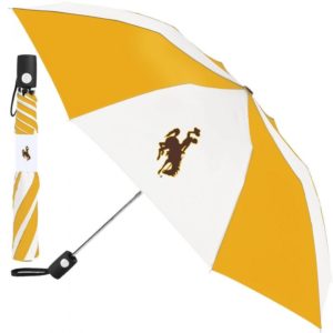 white and gold foldable car umbrella. Bucking horse in white panel in brown with gold outline.