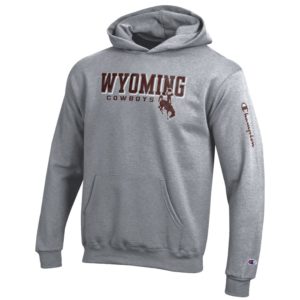 grey, youth hooded sweatshirt. Slogan Wyoming Cowboys and bucking horse printed on front in brown with white outline. Champion logo printed in brown on left arm
