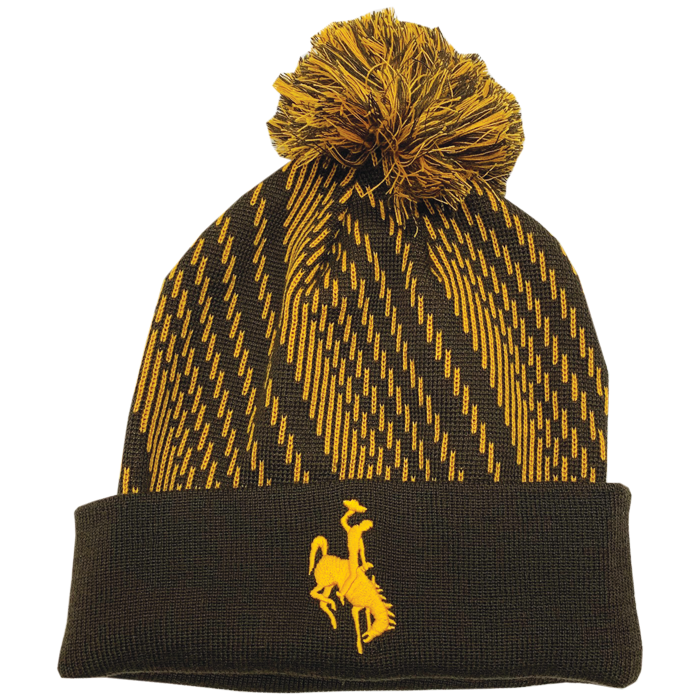 cuffed, knit beanie with brown and gold pom on top. beanie is brown and gold with brown cuff. gold bucking horse embroidered on front of cuff