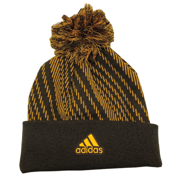 back side of cuffed, knit beanie with brown and gold pom on top. beanie is brown and gold with brown cuff. gold Adidas logo embroidered on front of cuff