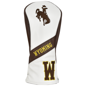 white and brown leather, fairway golf club cover. Wyoming and bucking horse design throughout cover in gold and brown