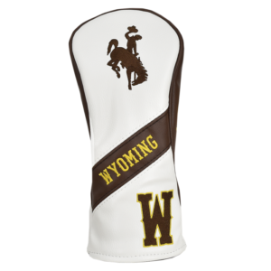 white and brown leather golf club cover, brown bucking horse embroidered at top, brown stripe with gold word Wyoming above brown W