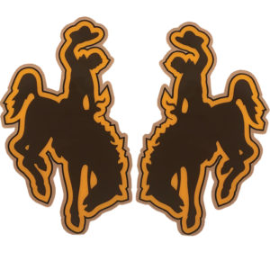set of 2, bucking horse durable helmet decals. brown with gold outline, approximately 6 inches tall.