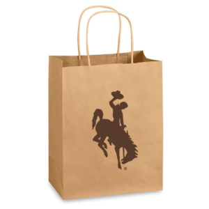 8inches, by 4 inches, by 10 inches, kraft brown paper bag with dark brown bucking horse on front