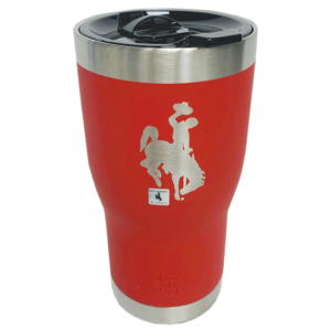 20 oz, stainless steel red tumbler. Smaller at the bottom, larger on the top. Leak proof, plastic lid. bucking horse etched on front of tumbler