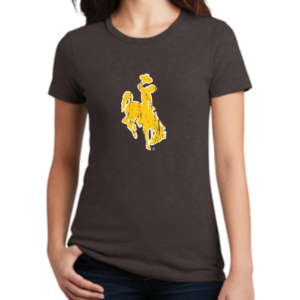brown, women's crew neck short sleeved tee. large gold bucking horse with white outline distressed, printed on front