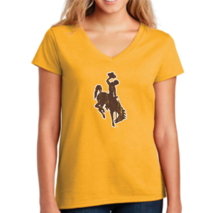 gold, women's v-neck short sleeved tee. large brown bucking horse with white outline distressed, printed on front