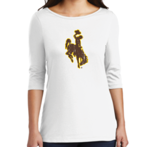 women wearing white 3/4 sleeve shirt with scoop neck, design is brown bucking horse outlined in gold in center of chest