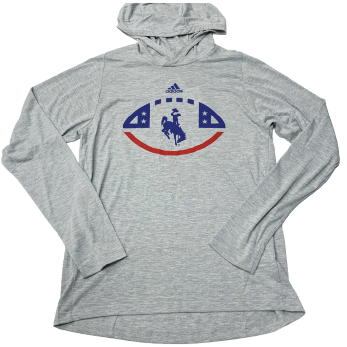 athletic material, hooded long sleeve shirt. outline of football in red and blue with blue bucking horse in the center, printed on front of shirt