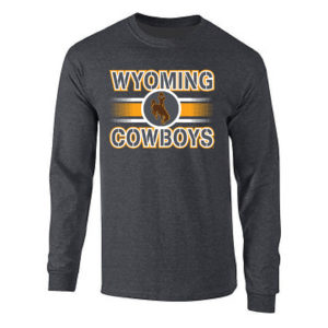 dark grey, long sleeved tee. Word Wyoming Cowboys printed on front in white with gold outline. Brown bucking horse printed inside white circle between words