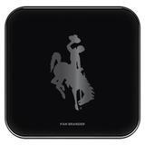 square, wireless charger, black metal housing with glass cover. silver bucking horse logo printed on center
