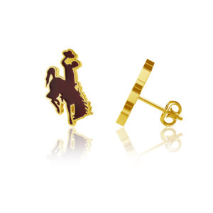 Dayna Design stud earring set, design is gold bucking horse with brown enamel overlay on front, butterfly backing closure