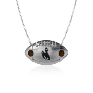 silver, pendant, clasp necklace. pendant is small silver football with two small brown stones, and etched bucking horse in center of ball