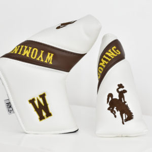 white and brown leather, blade putter golf club cover. Wyoming and bucking horse design throughout cover in gold and brown