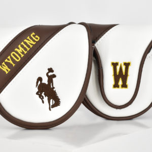 white and brown leather, mallet putter golf club cover. Wyoming and bucking horse design throughout cover in gold and brown