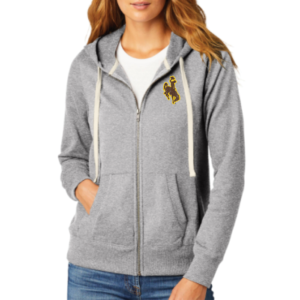 women's light grey full zip jacket with front pockets and hood. small brown bucking horse with gold outline printed on left chest