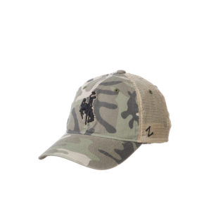 adjustable, unstructured hat. camouflage bill and body, khaki mesh back. black bucking horse with tan outline embroidered on front of hat