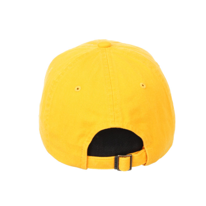 Back view of gold adjustable, unstructured hat. metal adjustable closure