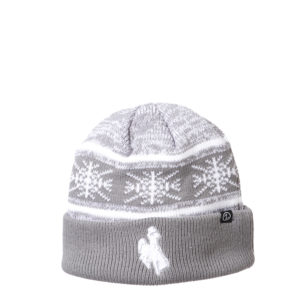 grey and white women's knit cuff beanie. cuff is grey with silver bucking horse embroidered on front center. body of beanie is white, with grey snowflake pattern
