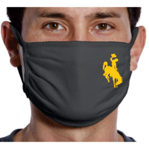 dark grey fabric face mask. small gold bucking horse printed on top left corner
