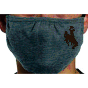 youth sized dark grey fabric face mask. small brown bucking horse printed on top left corner