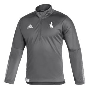 moisture wicking, Adidas grey 1/4 zip jacket. small white Adidas logo printed on right chest, and small white bucking horse printed on left chest of jacket
