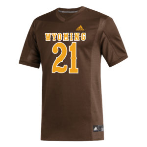 brown replica football jersey. word Wyoming and large number 21 printed on front in gold with white outline