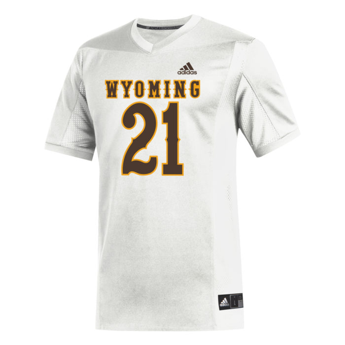 white replica football jersey. word Wyoming and large number 21 printed on front in brown with gold outline