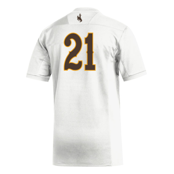 back of white replica football jersey. small bucking horse and large number 21 printed on front in brown with gold outline