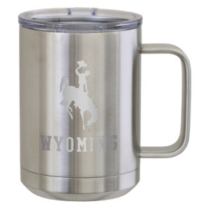 stainless steel thermal mug with handle. clear push-on lid with closure. etched design includes bucking horse with word Wyoming below